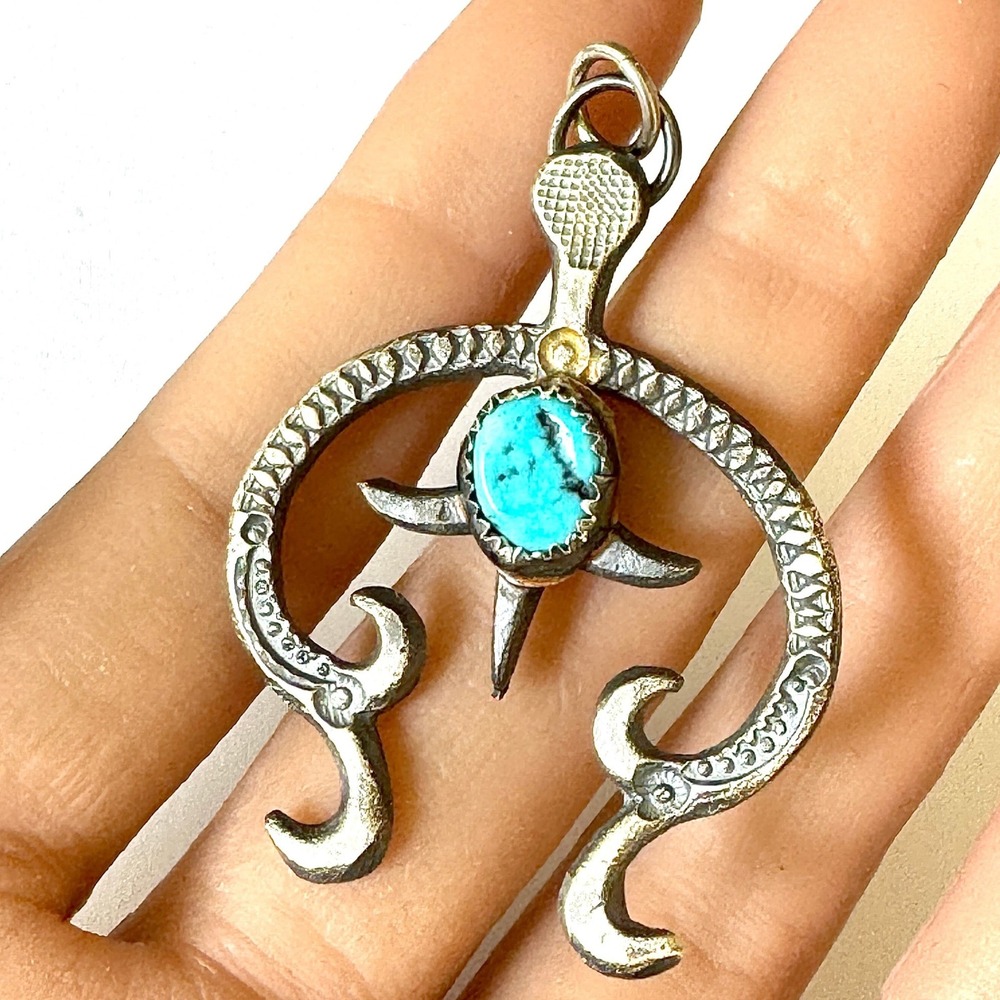 Navajo‎ Naja Pendant Turquoise 2in Signed Billah Sterling Squash Blossom Nugget